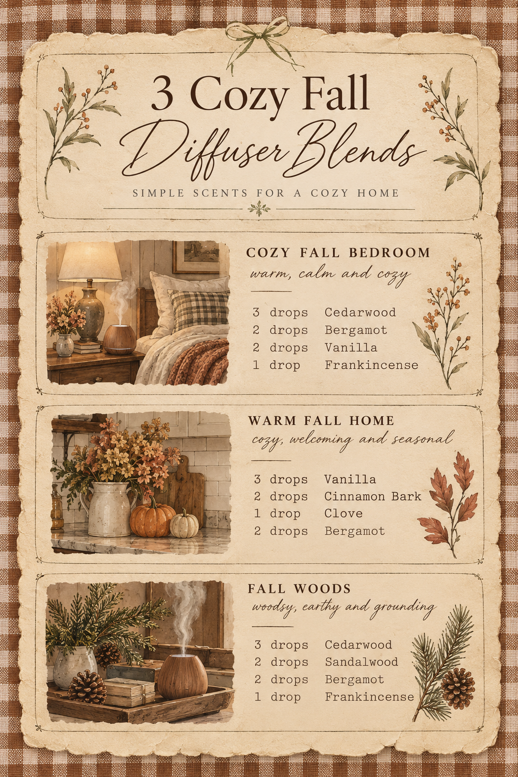 3 Cozy Fall Diffuser Blends infographic showing simple scents for a cozy home